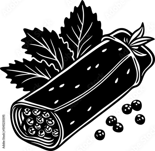 Black and white illustration of a delicious burrito with garnishes and peppercorns perfect for culinary designs.