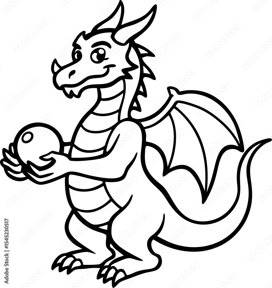 Fototapeta premium Cute cartoon dragon character holding a sphere with wings isolated on a white background vector illustration