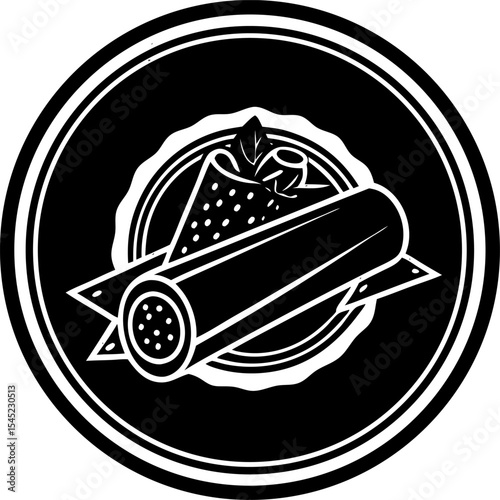 Delicious monochrome illustration of a restaurant logo featuring a wrap sandwich with decorative elements inside a circular frame