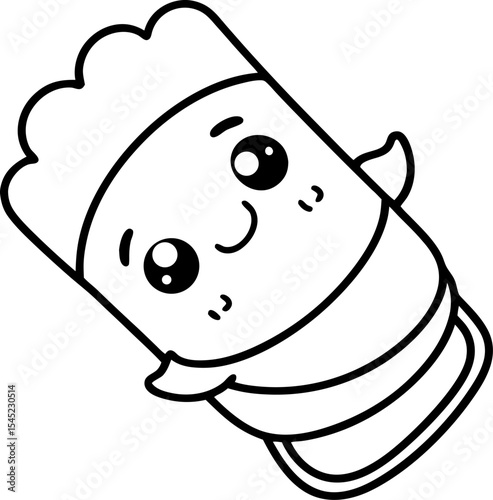 Cute cartoon burrito character with big happy eyes and a cheerful smile in black and white outline.