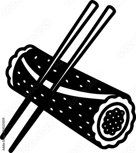 Delicious black and white illustration of sushi maki roll with chopsticks representing japanese cuisine.