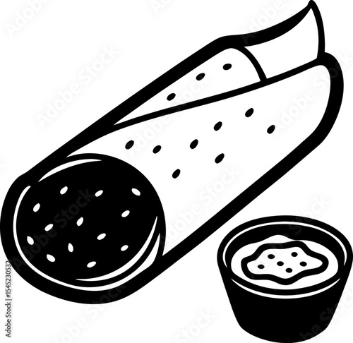 Deliciously drawn black and white burrito with fresh salsa for culinary and food related graphic designs
