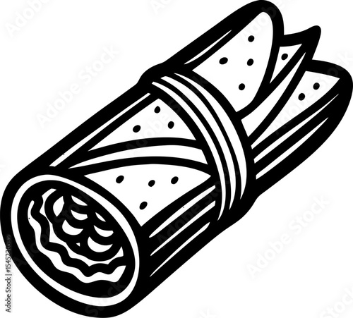 Detailed black and white illustration of a freshly wrapped burrito ready to be enjoyed representing delicious mexican food.