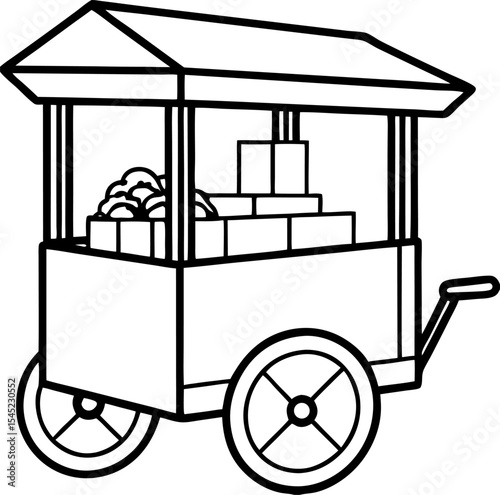 Detailed black and white illustration of a traditional street food vendor cart showcasing product display.