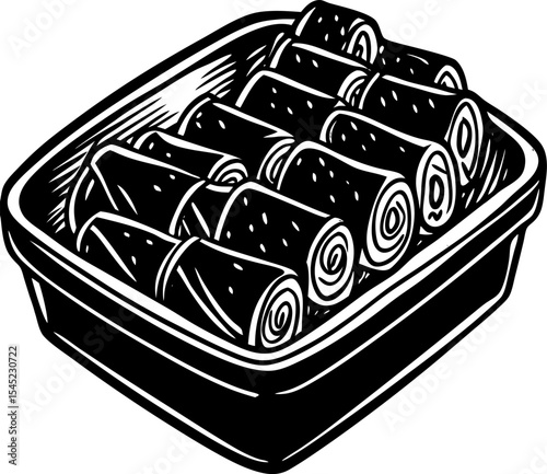 Monochrome illustration of food rolls in a square container displaying rolled food items in a simple graphic style