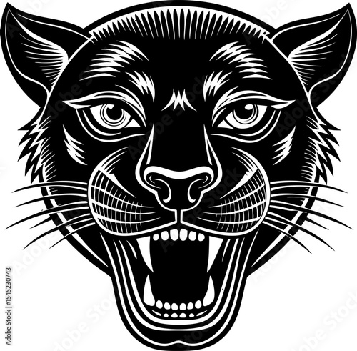 Powerful black panther illustration showcasing a ferocious and detailed face in bold black and white style ready to design.