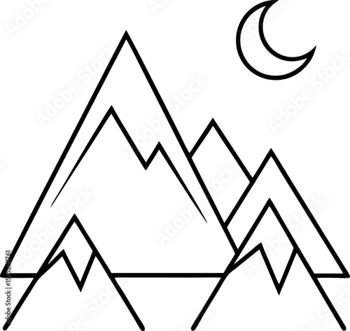 Simple and elegant black and white mountain range with crescent moon illustration in minimalist style for diverse uses
