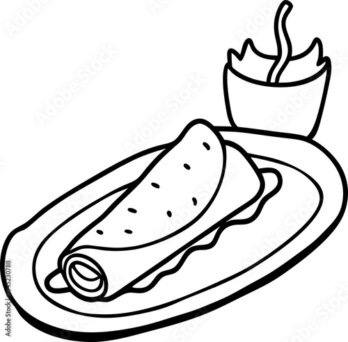 Simple black and white illustration of a delicious wrap served on a plate with a small side of dipping sauce.