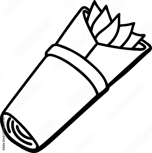 Simple black and white illustrated napkin with folded edges and an elegant ribbon detail suitable for restaurant and dining designs