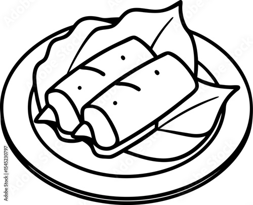 Simple black and white illustration of two spring rolls with leafy greens presented on a plate for culinary and design purposes