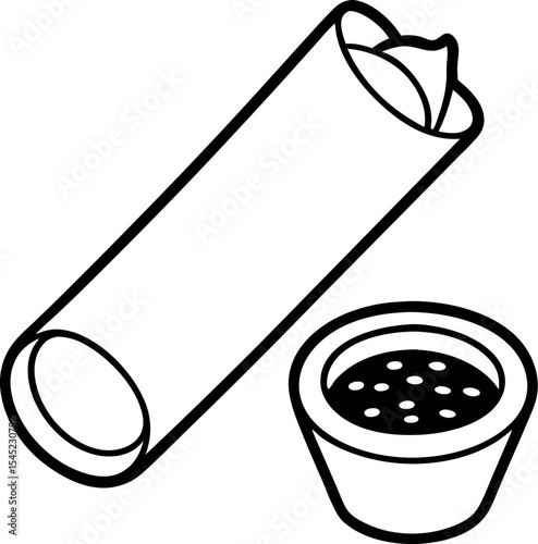 Simple black and white line art depicting a burrito alongside a small container of sauce for a mexican meal