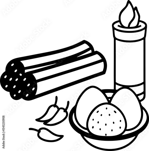Simple monochrome illustration depicting food items including eggs chili peppers candle and celery for culinary concepts