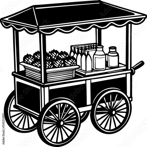 Vintage street food cart vector illustration displaying various delicacies and refreshments offered for sale in a traditional setting