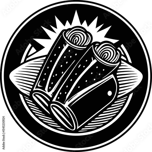 Vector illustration of a stylized black and white burrito meal served on a plate inside a circular emblem