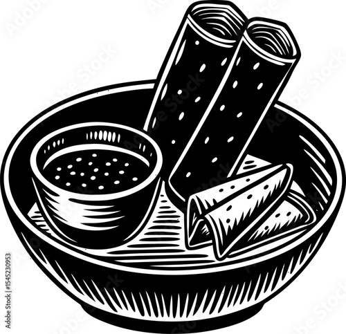 Vector illustration of spring rolls with dipping sauce served in a decorative black and white bowl