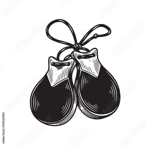 Hand drawn illustration of two castanets in vintage art style silhouette isolated on white