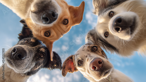 Four dogs looking down at camera with sky background