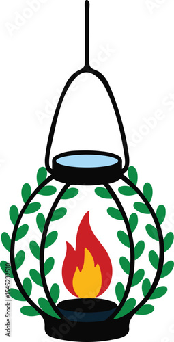 A hanging burning festival lantern decorated with green leaves vector illustration.