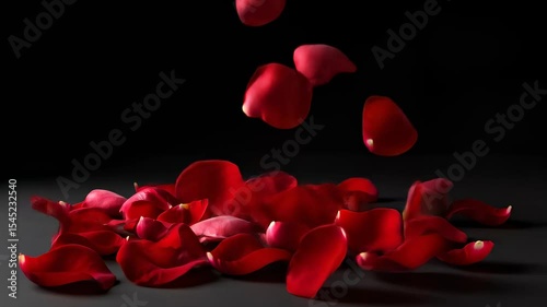 Rose petals falling slowly on a dark surface, creating a beautiful and romantic scene