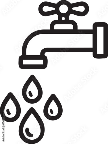 A metallic drinking water tap with water drops lineart vector illustration.