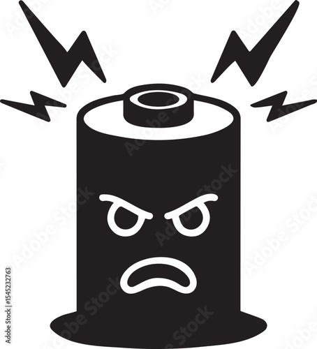 An angry battery overloaded with electric sparks silhouette vector illustration.