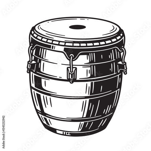 Vintage art silhouette illustration of a detailed black and white conga drum on white background