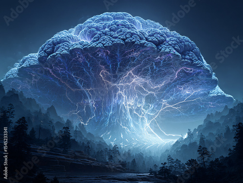 dramatic stormy sky with dark, turbulent clouds illuminated by lightning bolts. The reflection of the stormy clouds and lightning can be seen on a calm body of water in the foreground.