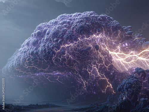 dramatic stormy sky with dark, turbulent clouds illuminated by lightning bolts. The reflection of the stormy clouds and lightning can be seen on a calm body of water in the foreground.
