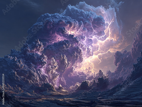 dramatic stormy sky with dark, turbulent clouds illuminated by lightning bolts. The reflection of the stormy clouds and lightning can be seen on a calm body of water in the foreground.