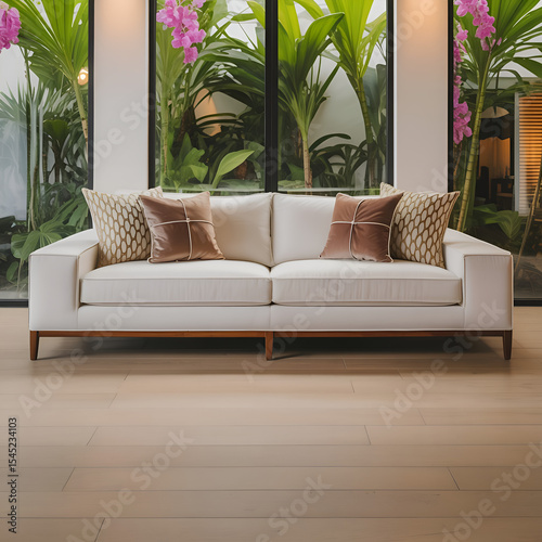 Modern living room with white sofa and gold accents. A sophisticated space featuring a white sofa, gold accents, and emerald green accents