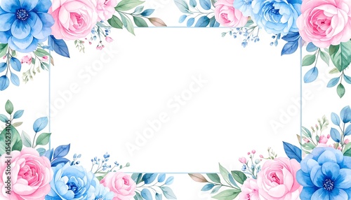 Floral frame with pink  blue flowers, and white space.
