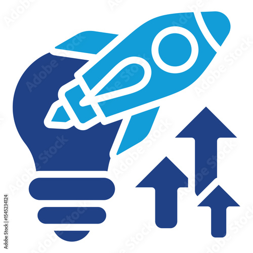Innovation Launch - Dual Tone Blue Glyph Icon - Rocket launching from light bulb, symbolizing fast innovation and idea execution