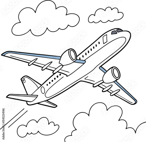 Whimsical Cartoon Airplane Flying Through Clear Blue Sky with Clouds