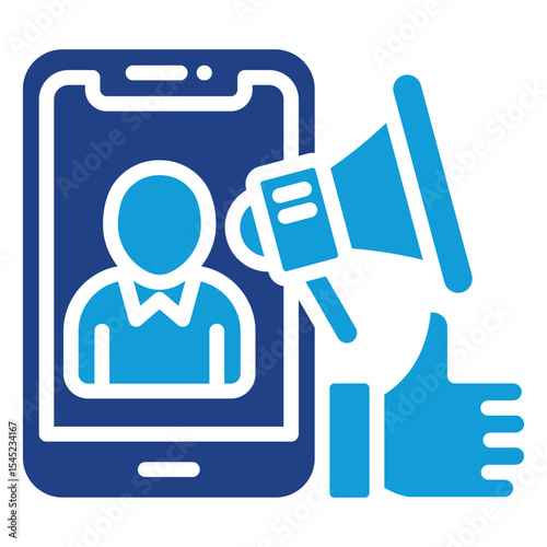 Personal Branding - Dual Tone Blue Glyph Icon - Smartphone with user profile, megaphone, and thumbs up representing personal brand and digital presence