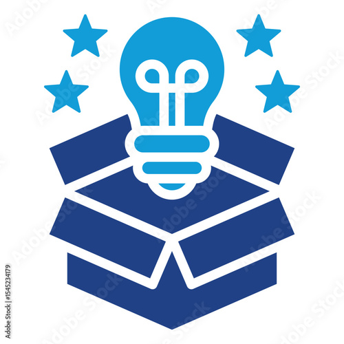 Product Innovation - Dual Tone Blue Glyph Icon - Light bulb in a box with stars, highlighting innovation and creative product launch