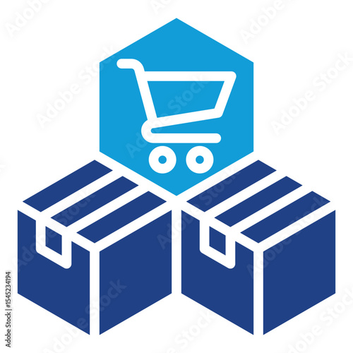 Product Market Fit - Dual Tone Blue Glyph Icon - shopping cart fits perfectly between two product boxes, symbolizing alignment between product and market demand