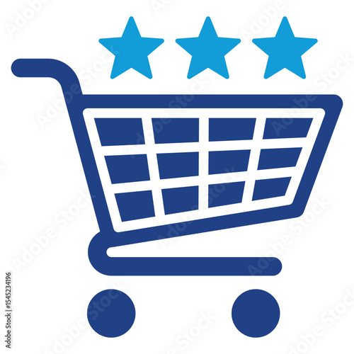 Product Rating - Dual Tone Blue Glyph Icon - Shopping cart with five stars symbolizes product rating, customer feedback, and quality.