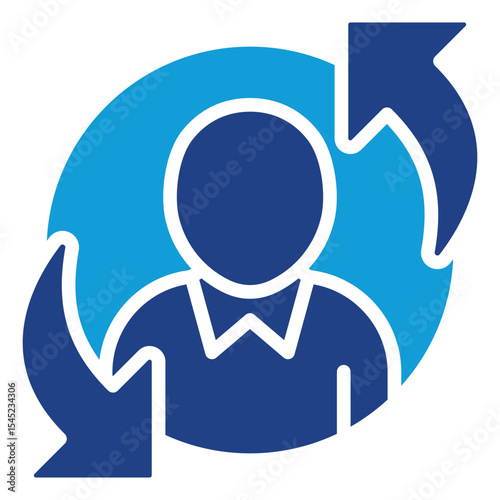 Adaptive Thinking - Dual Tone Blue Glyph Icon - rotating arrow around a person, indicating agile thinking and adaptive business team