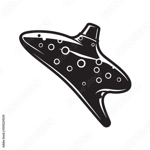 Vintage black and white art silhouette of an ocarina musical instrument isolated on white