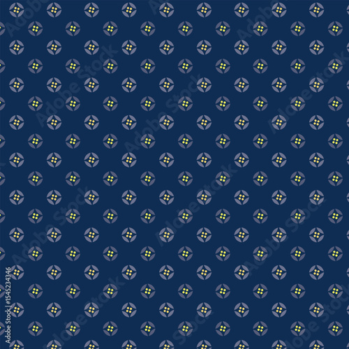 Small white flowers pattern doodle shapes motif continuous blue background. Modern floral fabric design textile swatch ladies dress, men's shirt all over print block.