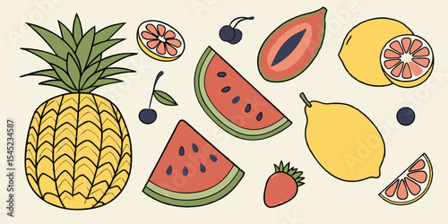Fresh, healthy fruit and vegetable collection with apple, orange, banana, strawberry, pear, watermelon, lemon, pineapple, cherry, and melon vector icons