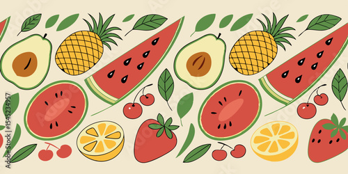 Seamless pattern of fresh healthy fruit collection with red watermelon slices