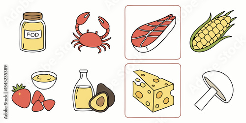 Beach food and drink vector icons set with cartoon summer fruit and cheese