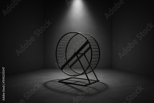 Empty Hamster Wheel Under Spotlight in Dark Room – Breaking Free from Routine Concept