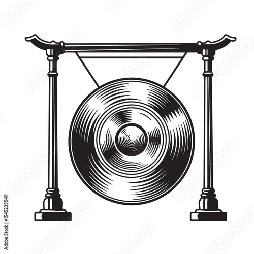 Vintage silhouette art depicting a traditional asian gong instrument black and white