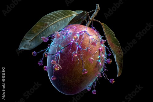 A hyper-realistic rendering of a mango merged with an interstellar botanical species, glowing beautifully
