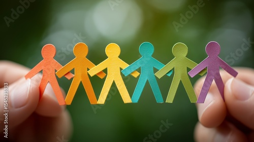 Row of colorful paper human figures held between hands symbolizing unity, equality, diversity, friendship and inclusivity on green background