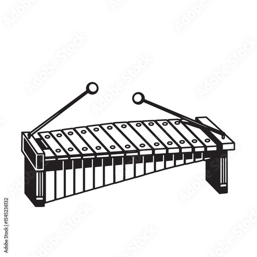Vintage silhouette illustration of a simple black and white xylophone with mallets