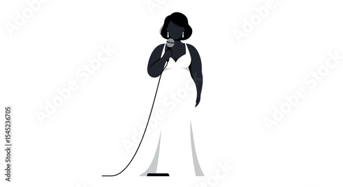 Elegant singer in white dress performing with microphone on stage