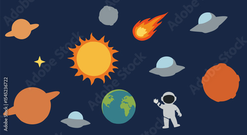 Vibrant Space Scene Featuring Planets Stars Astronaut UFOs and Comet for Kids Educational Design